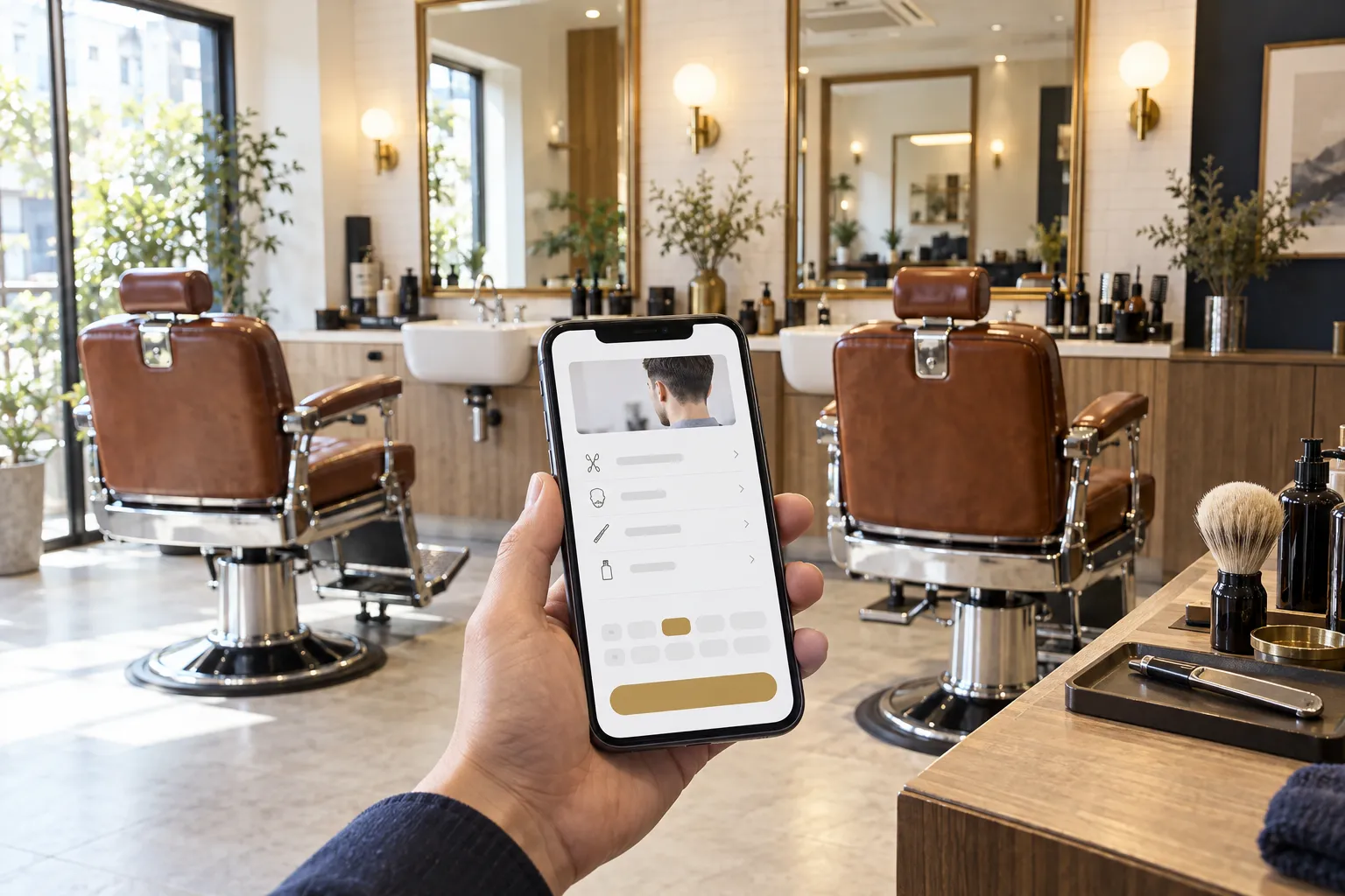 明るい理容室の店内に理容椅子が並び、手前の手元のスマートフォンに予約画面が表示されている様子