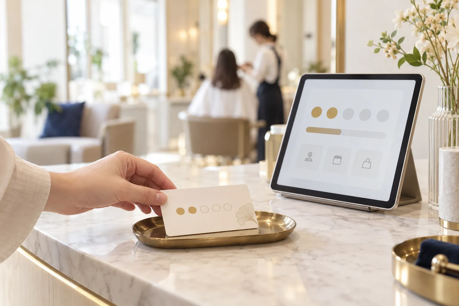 サロンの会計台に置かれた回数券のカードと、残りの回数を確かめるタブレットの画面