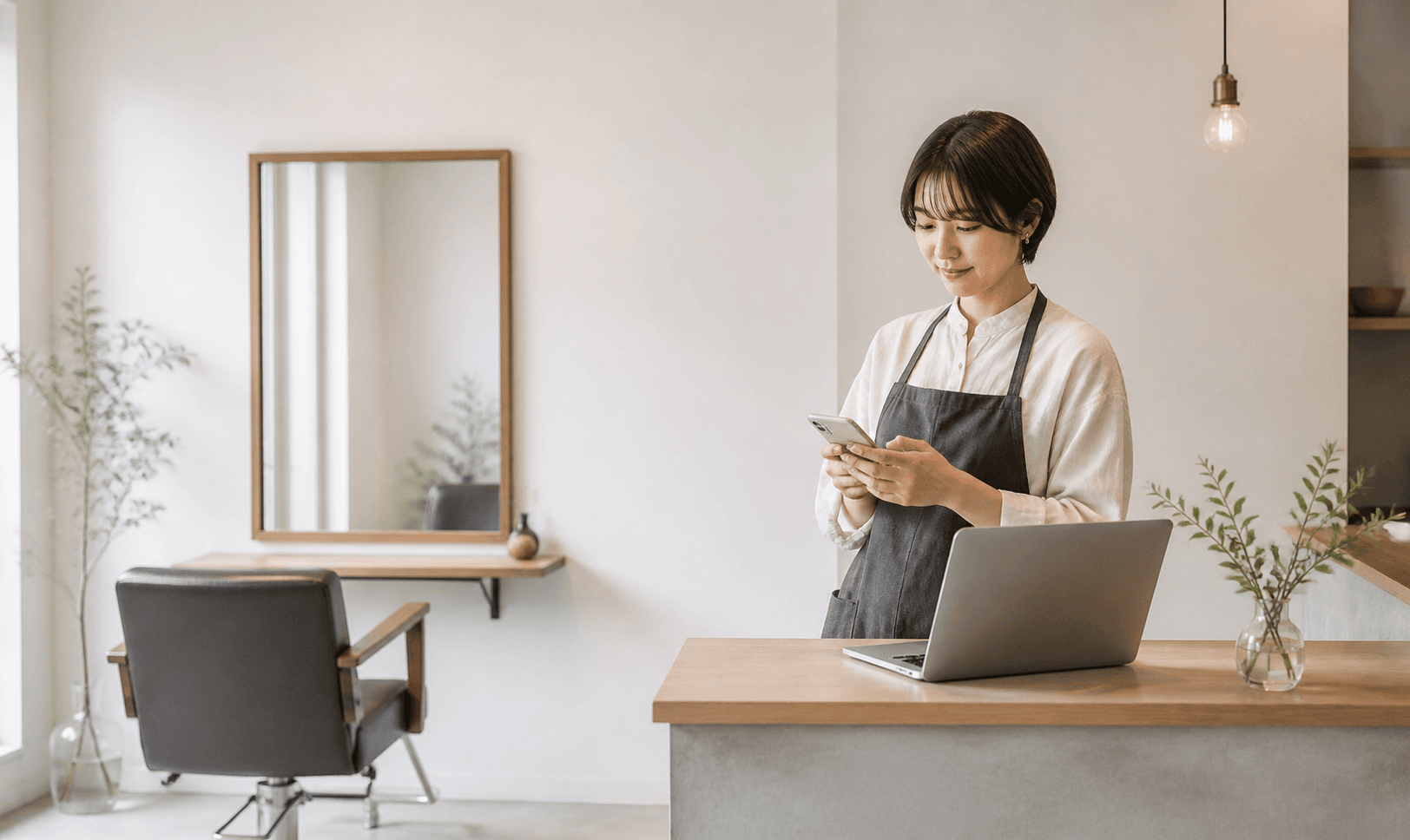 一人サロンのオーナーが小さな店内で予約とLINE対応を確認している様子